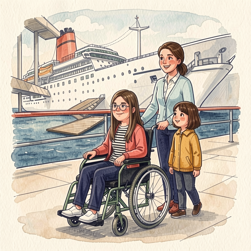 Illustration von Catharina und ihrer Familie zu Beginn der Kreuzfahrt.