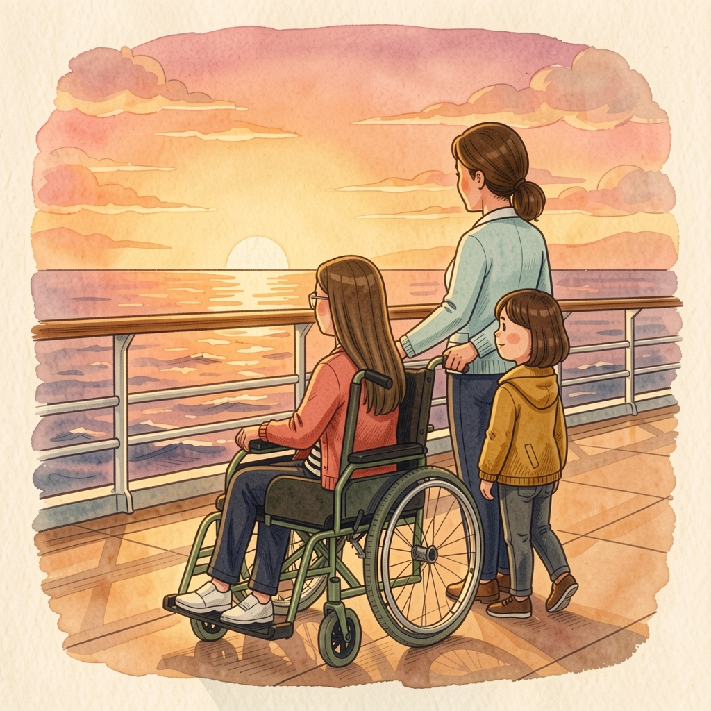 Illustration von Catharina mit ihrer Mutter und kleinen Schwester auf der Kreuzfahrt.