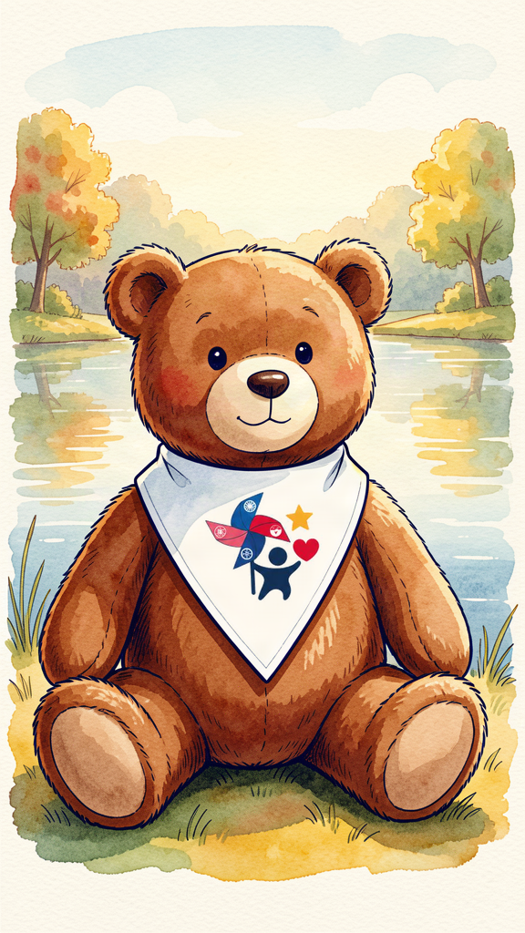 Aquarellillustration des Trostteddys mit deutlich sichtbarem Vereinszeichen am Halstuch